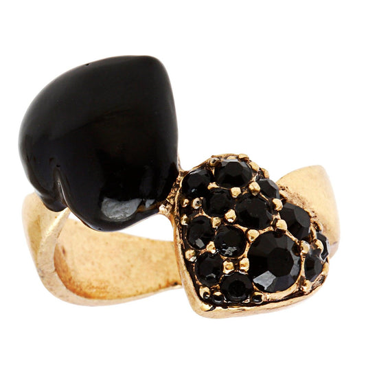 Black Enamel Crystal Double Heart Goldtone Ring (Size 7) - L' Ella Jewelry