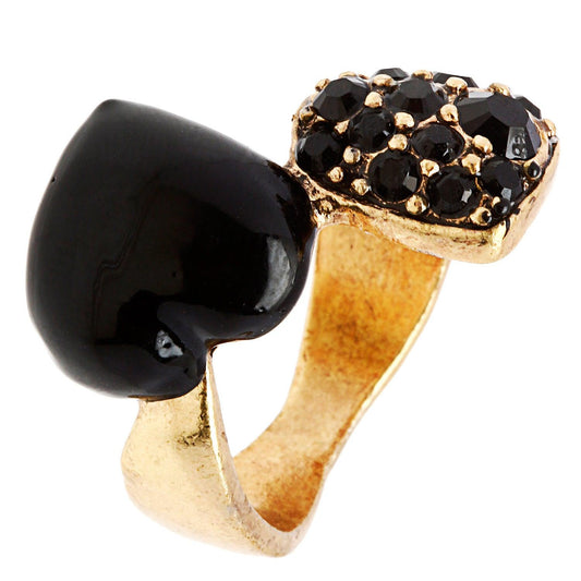 Black Enamel Crystal Double Heart Goldtone Ring (Size 7) - L' Ella Jewelry