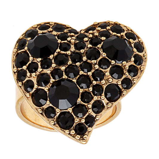 Prong Set Black Crystal Goldtone Heart Ring (Size 5.75) - L' Ella Jewelry